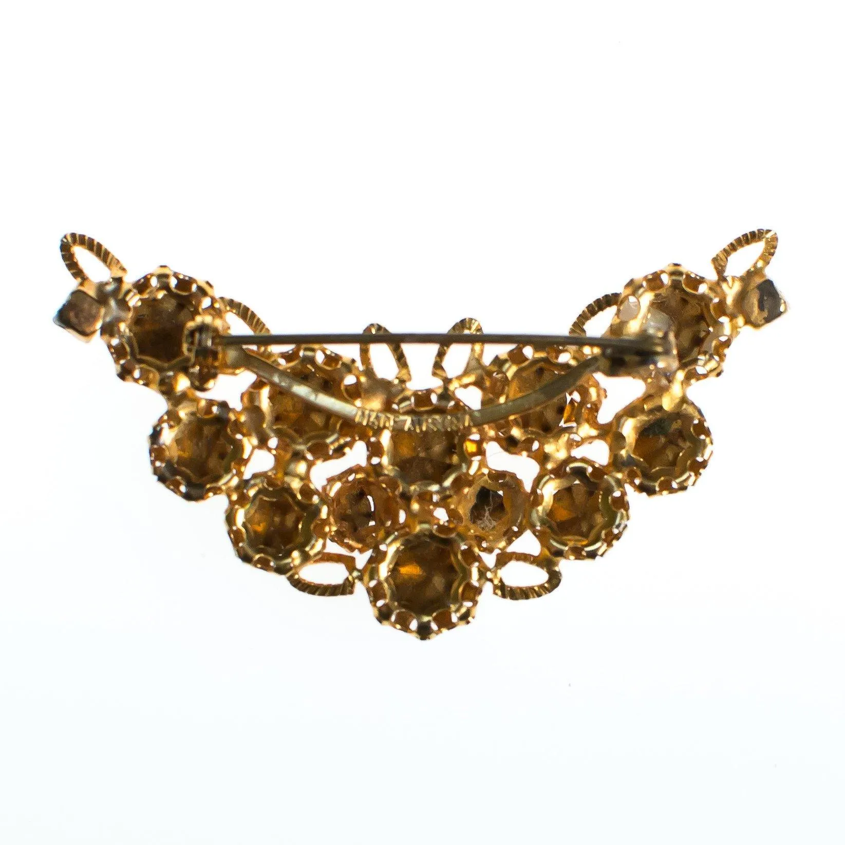 Vintage Made In Austria Gold Filigree Brooch with Diamante, Smoke, and Jet Rhinestone Crystals