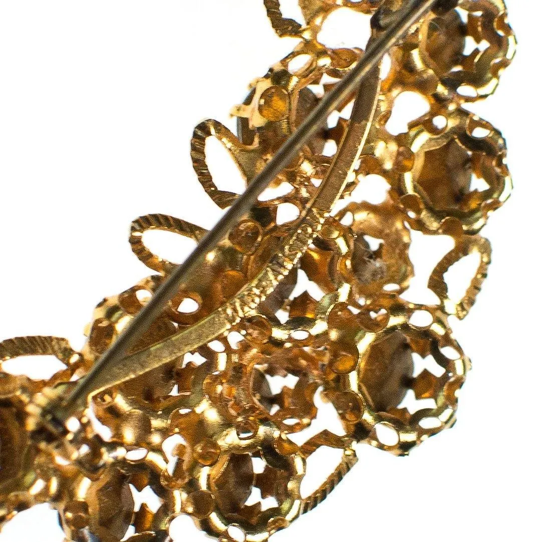Vintage Made In Austria Gold Filigree Brooch with Diamante, Smoke, and Jet Rhinestone Crystals