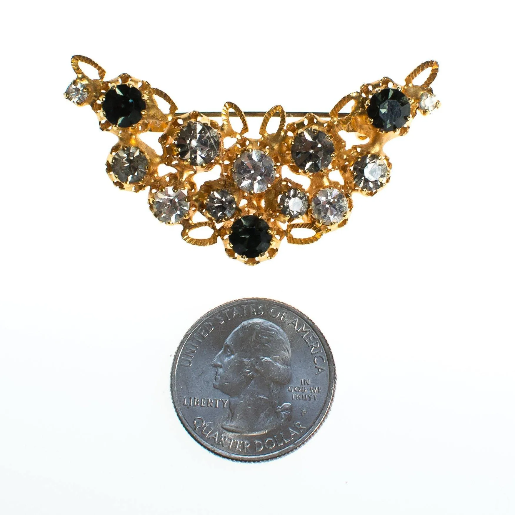Vintage Made In Austria Gold Filigree Brooch with Diamante, Smoke, and Jet Rhinestone Crystals