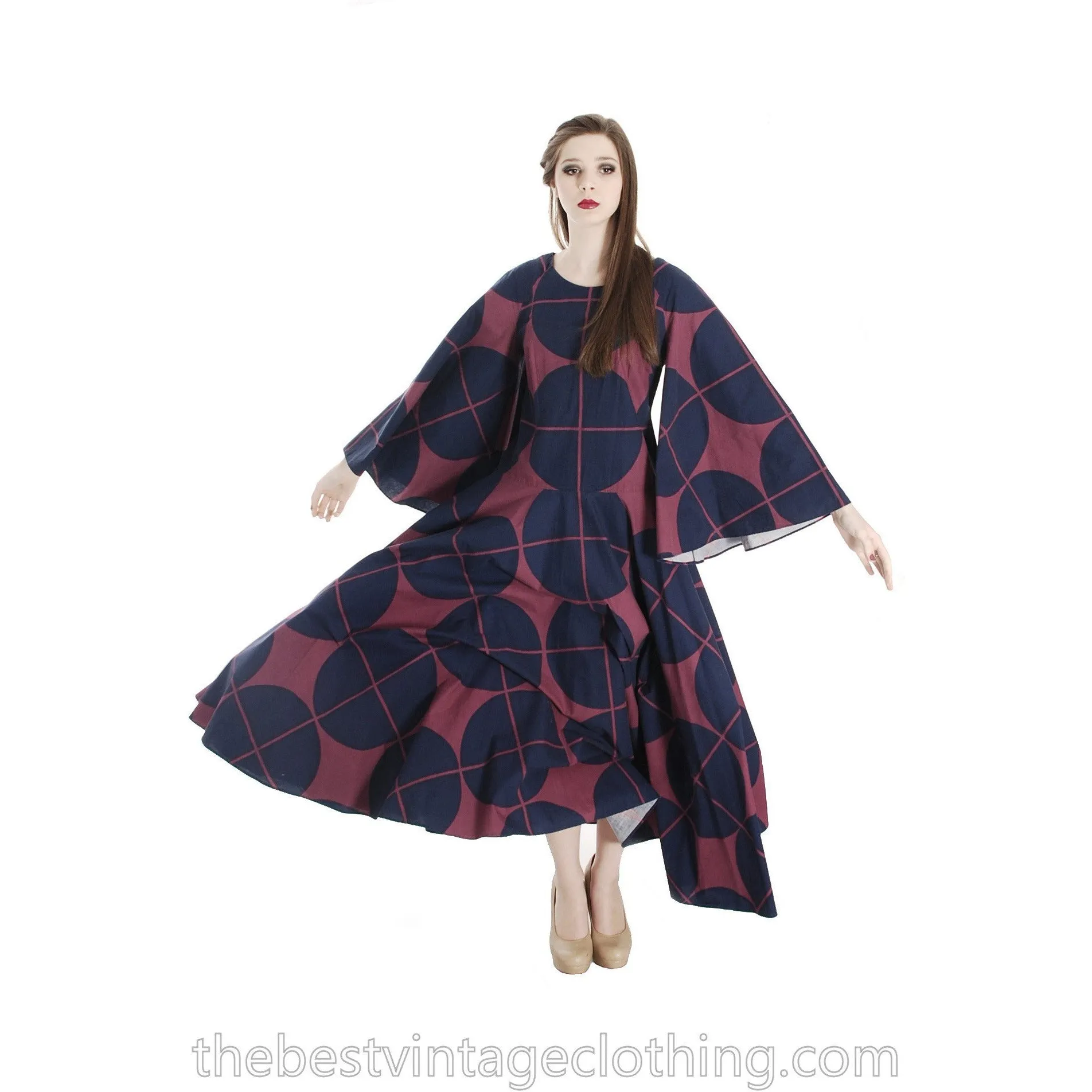 Vintage Marimekko Katsuji Wakisaka Angel Sleeve Full Skirt Maxi Dress Cotton 40/12 Blue Red