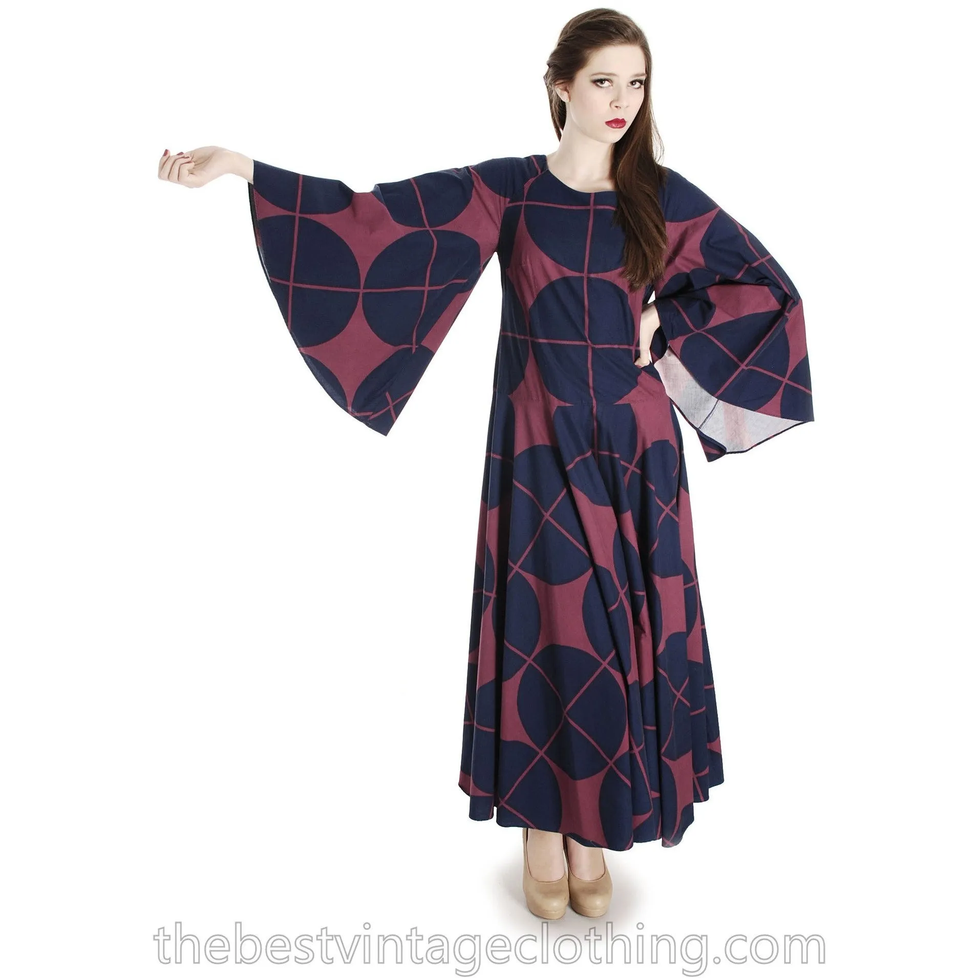 Vintage Marimekko Katsuji Wakisaka Angel Sleeve Full Skirt Maxi Dress Cotton 40/12 Blue Red