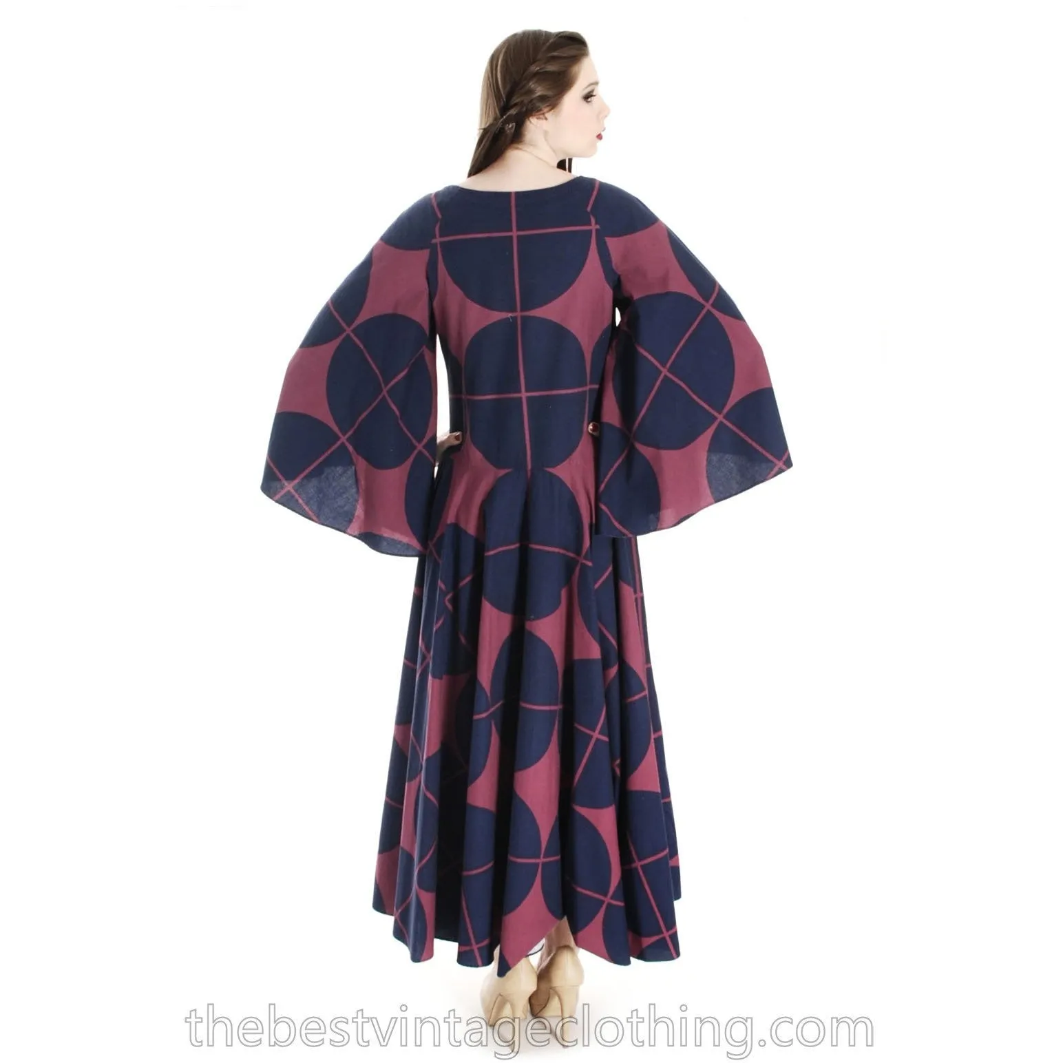 Vintage Marimekko Katsuji Wakisaka Angel Sleeve Full Skirt Maxi Dress Cotton 40/12 Blue Red