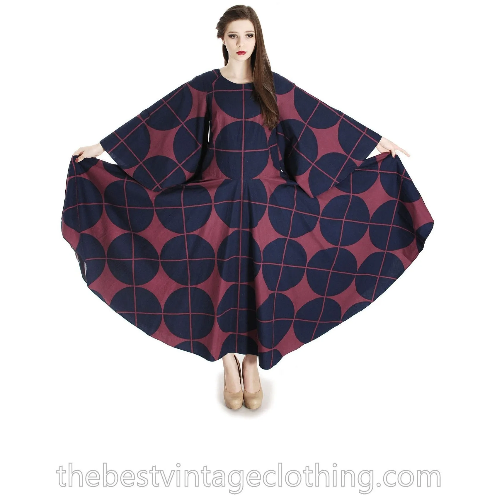 Vintage Marimekko Katsuji Wakisaka Angel Sleeve Full Skirt Maxi Dress Cotton 40/12 Blue Red