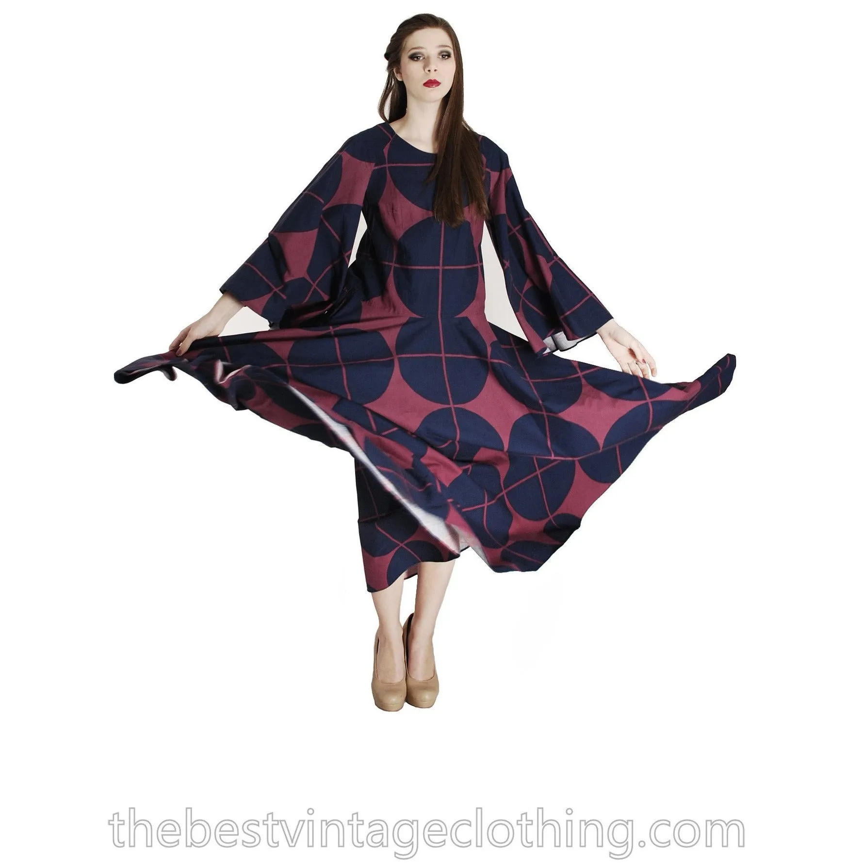 Vintage Marimekko Katsuji Wakisaka Angel Sleeve Full Skirt Maxi Dress Cotton 40/12 Blue Red