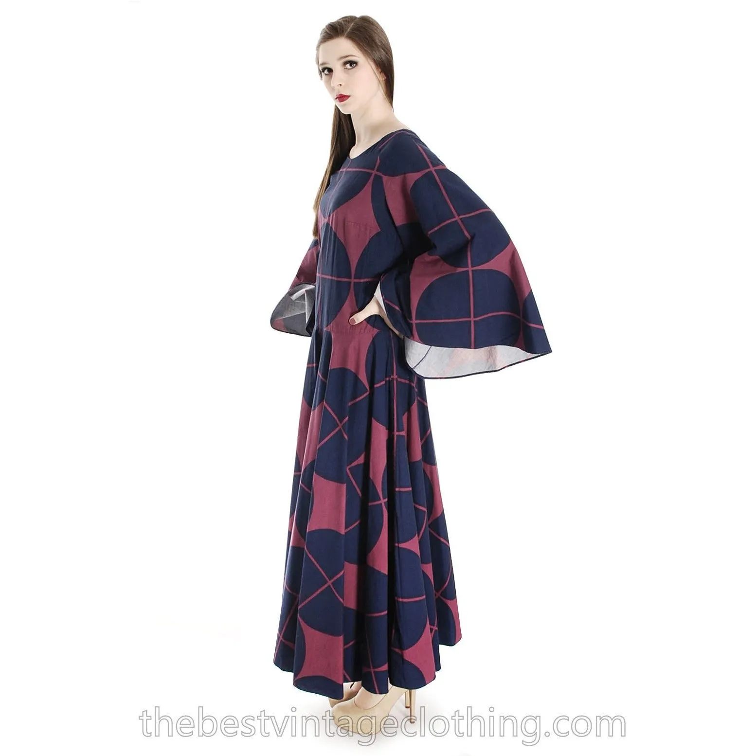 Vintage Marimekko Katsuji Wakisaka Angel Sleeve Full Skirt Maxi Dress Cotton 40/12 Blue Red