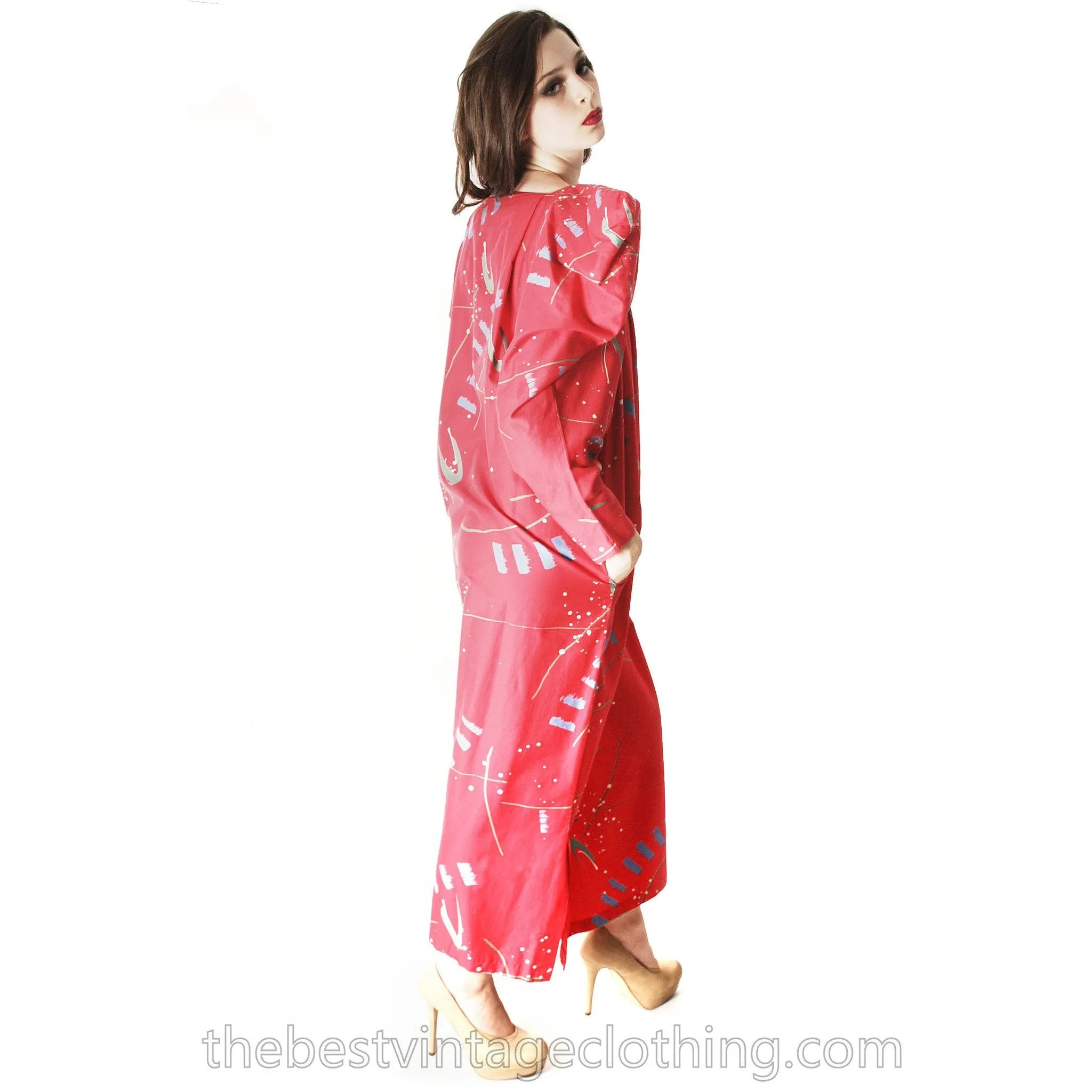 Vintage Marimekko Maxi Dress Huge Shoulders  Red Abstract Print Ultra 1980s  Sz L
