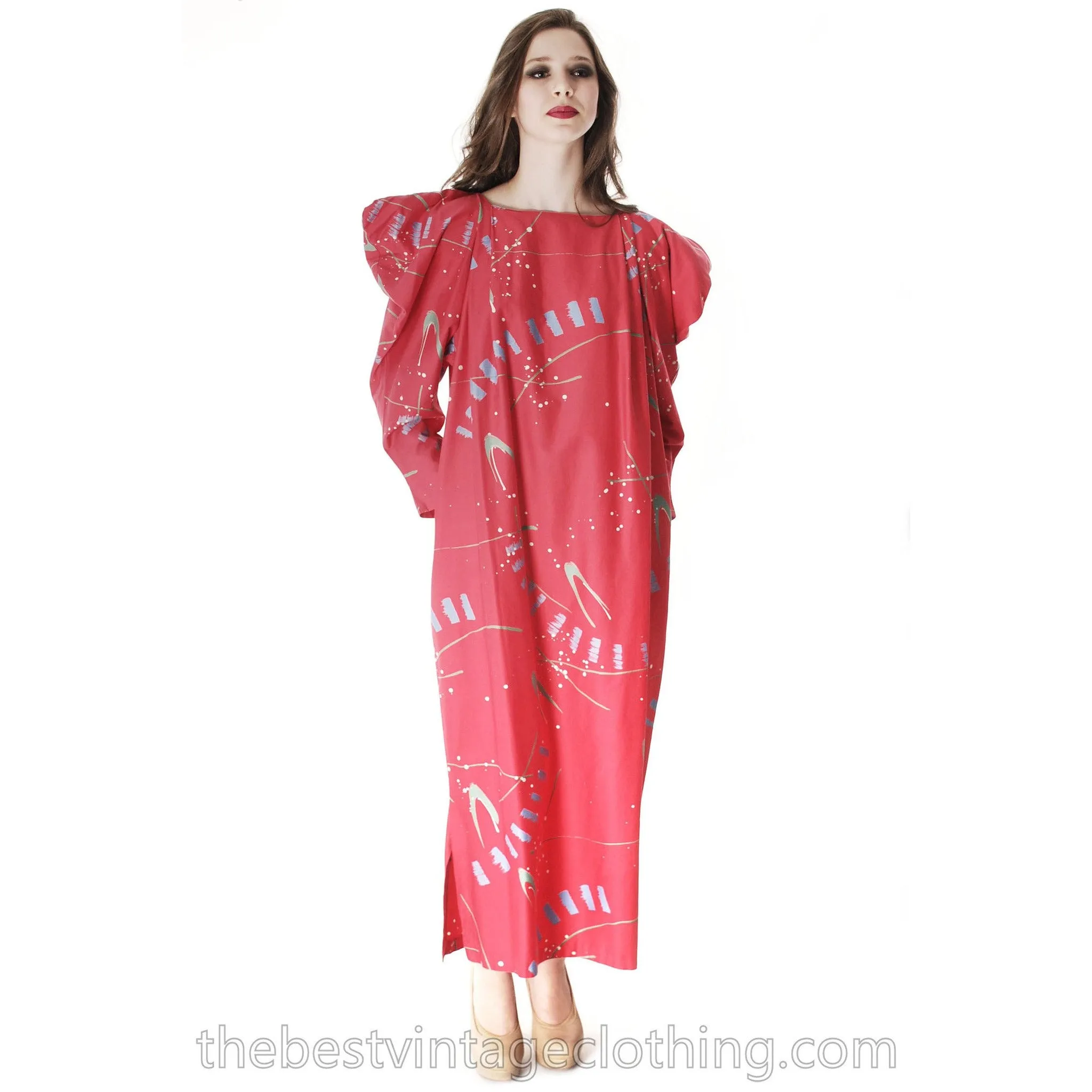 Vintage Marimekko Maxi Dress Huge Shoulders  Red Abstract Print Ultra 1980s  Sz L