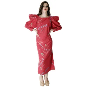 Vintage Marimekko Maxi Dress Huge Shoulders  Red Abstract Print Ultra 1980s  Sz L