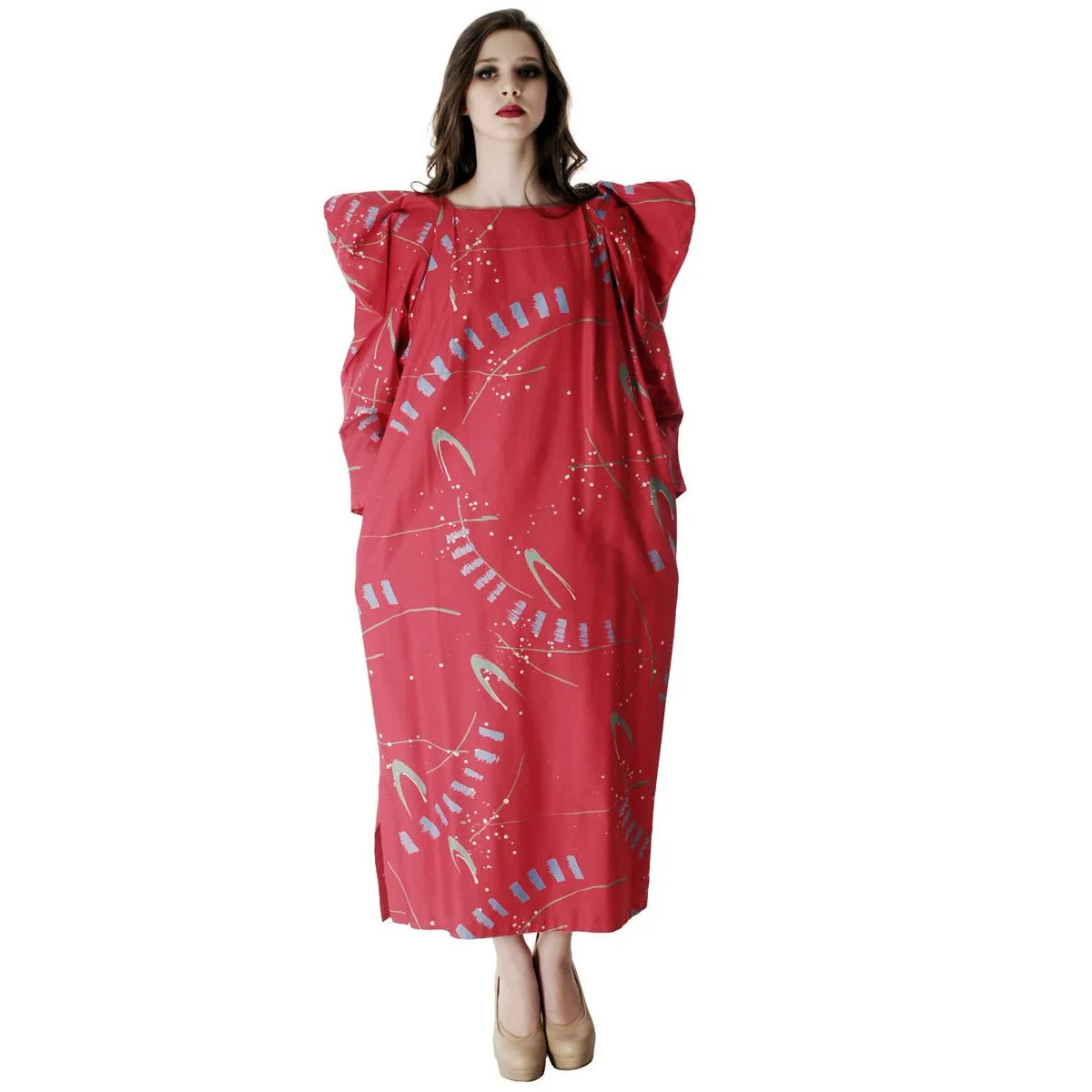 Vintage Marimekko Maxi Dress Huge Shoulders  Red Abstract Print Ultra 1980s  Sz L