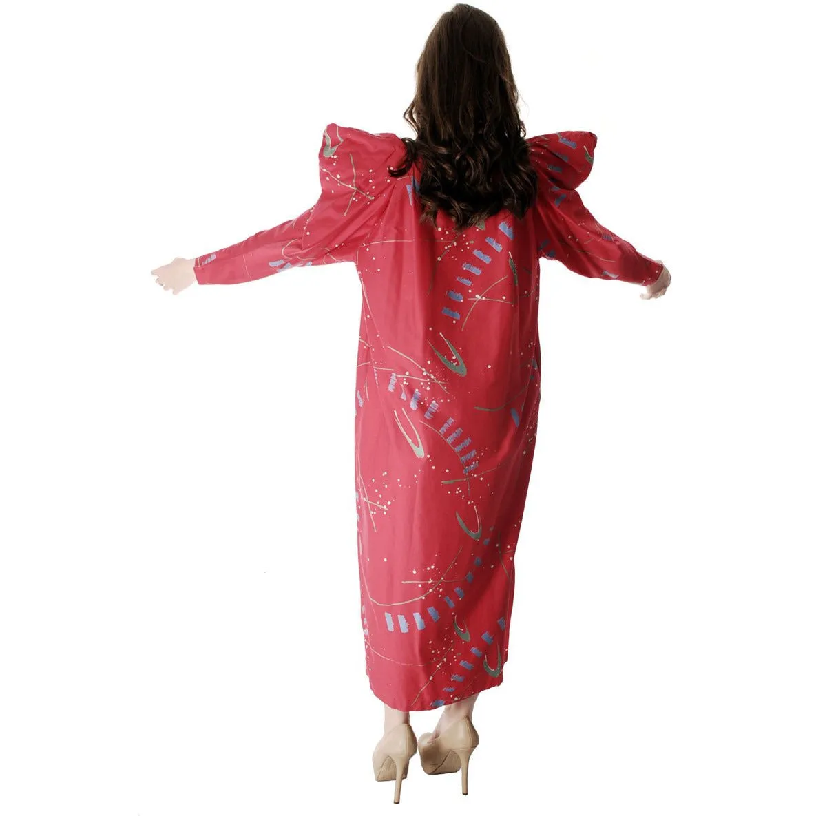 Vintage Marimekko Maxi Dress Huge Shoulders  Red Abstract Print Ultra 1980s  Sz L