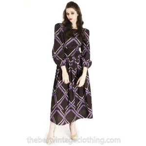 Vintage Marimekko Maxi Purple Brown Plaid 38/10 Cotton Dress Gown 1970s