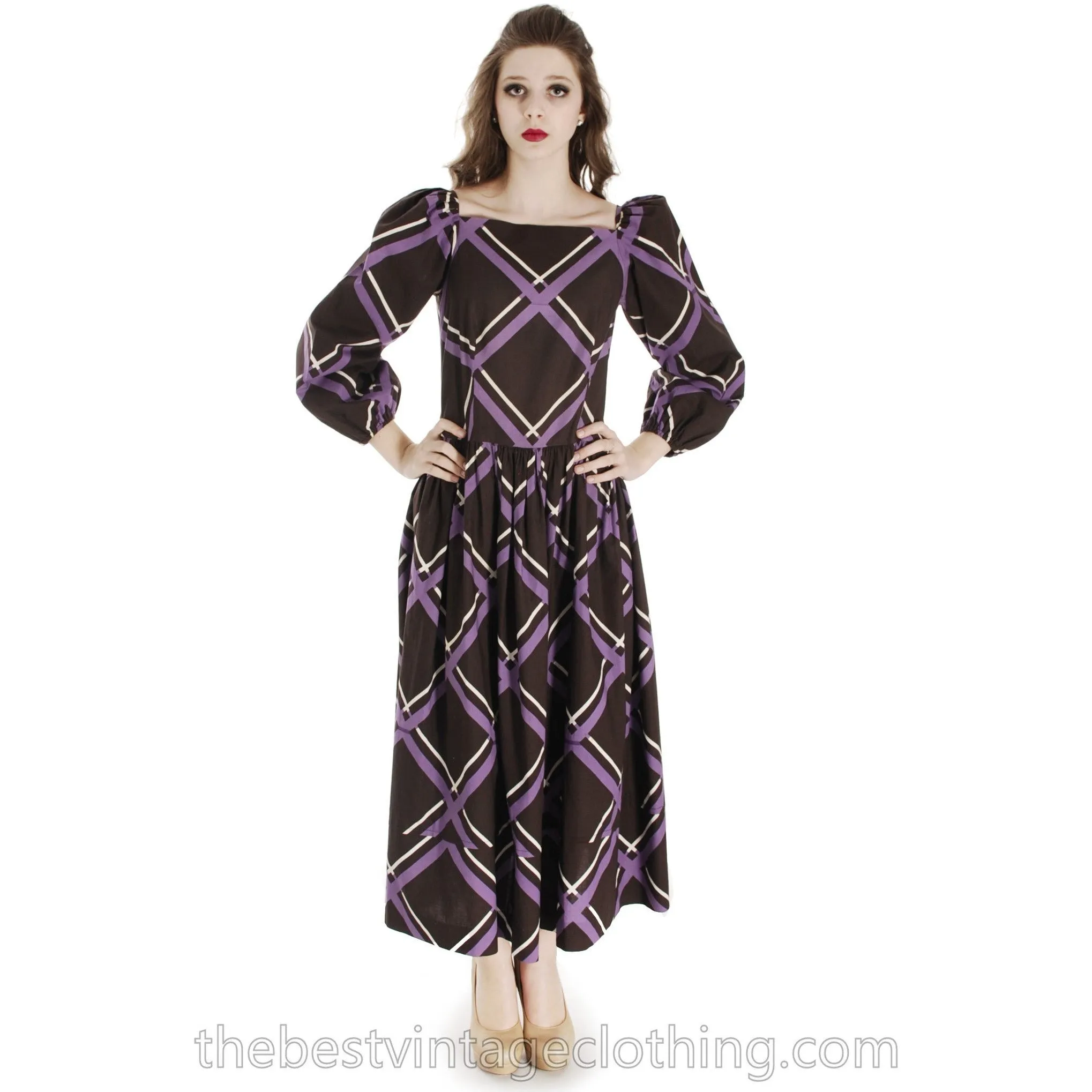 Vintage Marimekko Maxi Purple Brown Plaid 38/10 Cotton Dress Gown 1970s