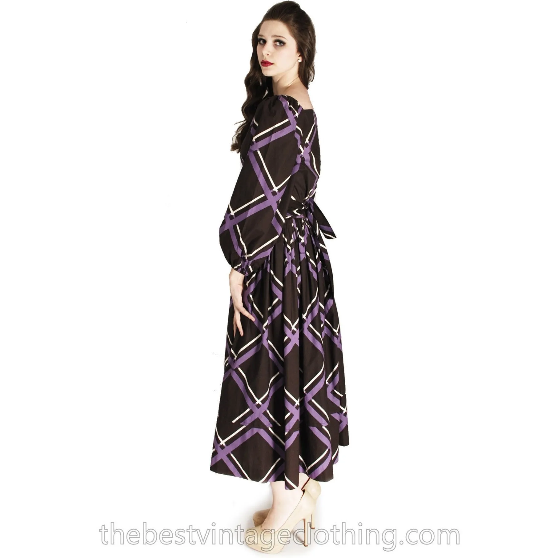 Vintage Marimekko Maxi Purple Brown Plaid 38/10 Cotton Dress Gown 1970s