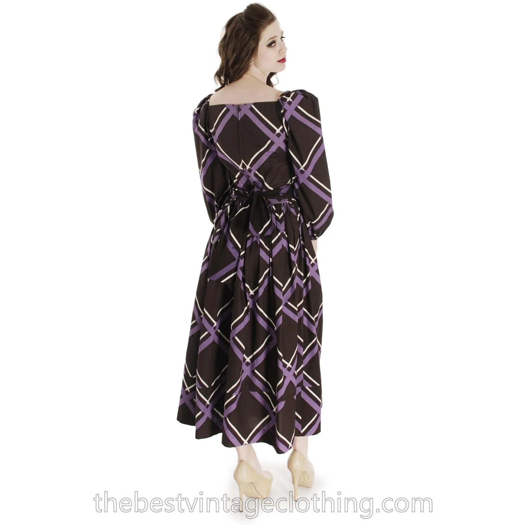 Vintage Marimekko Maxi Purple Brown Plaid 38/10 Cotton Dress Gown 1970s