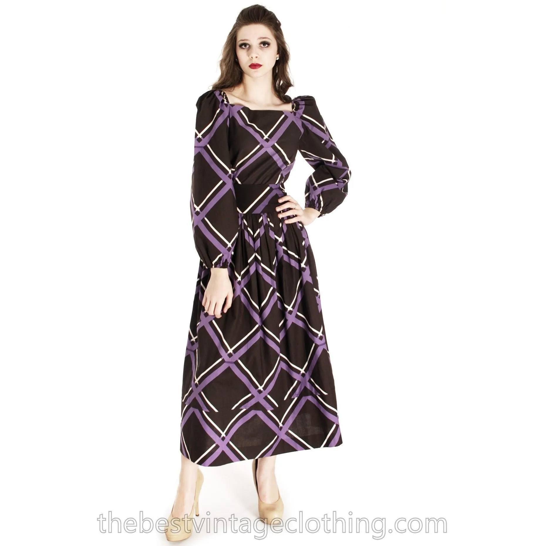 Vintage Marimekko Maxi Purple Brown Plaid 38/10 Cotton Dress Gown 1970s