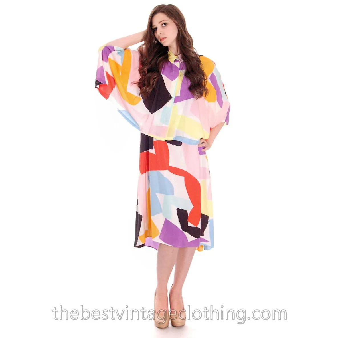 Vintage Marimekko Silk Blend Tent Dress & Cape Jacket 44/M Abstract Letter Print