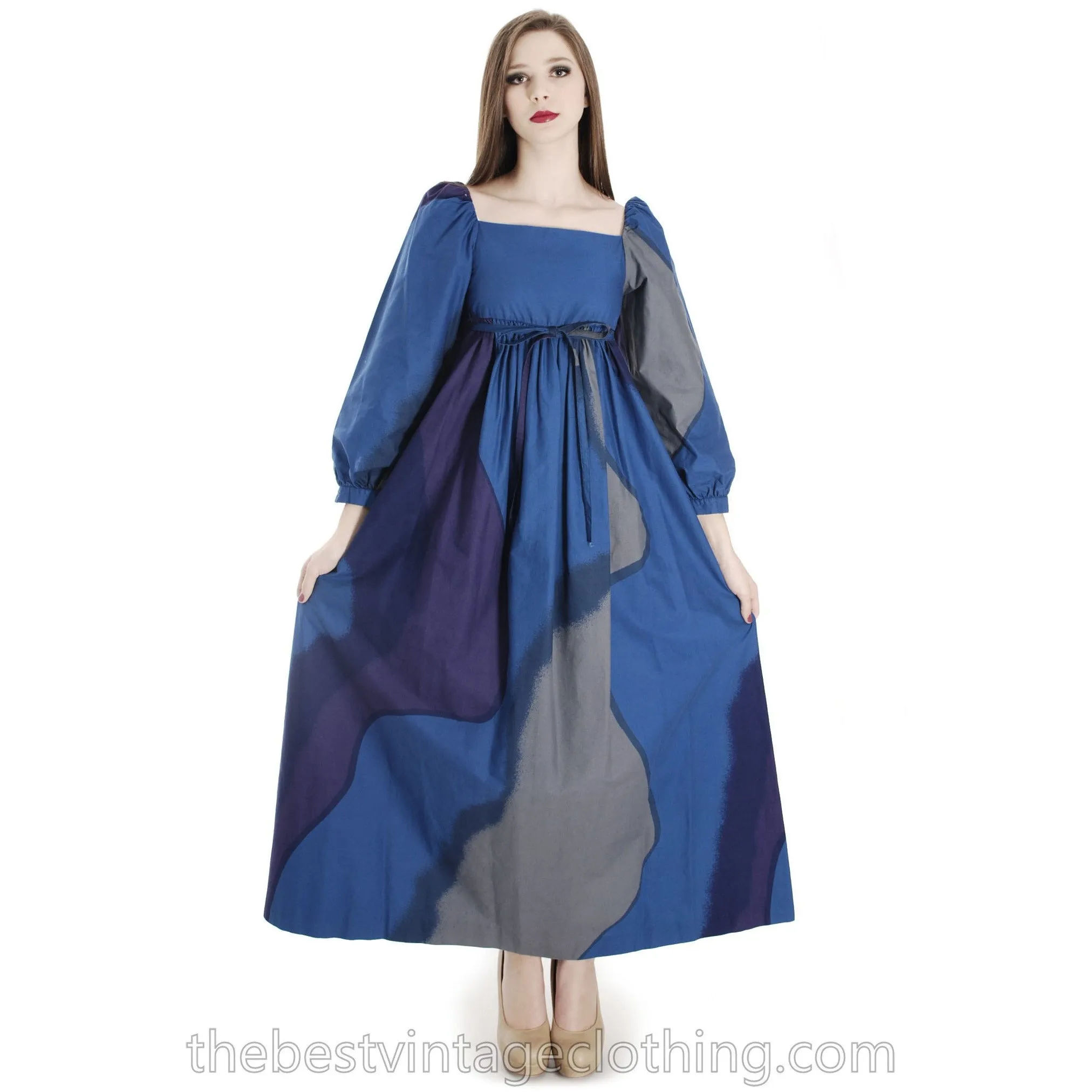 Vintage Marimekko Suomi Finland 1977 Printed Cotton Maxi Dress Blue Pattern  XS