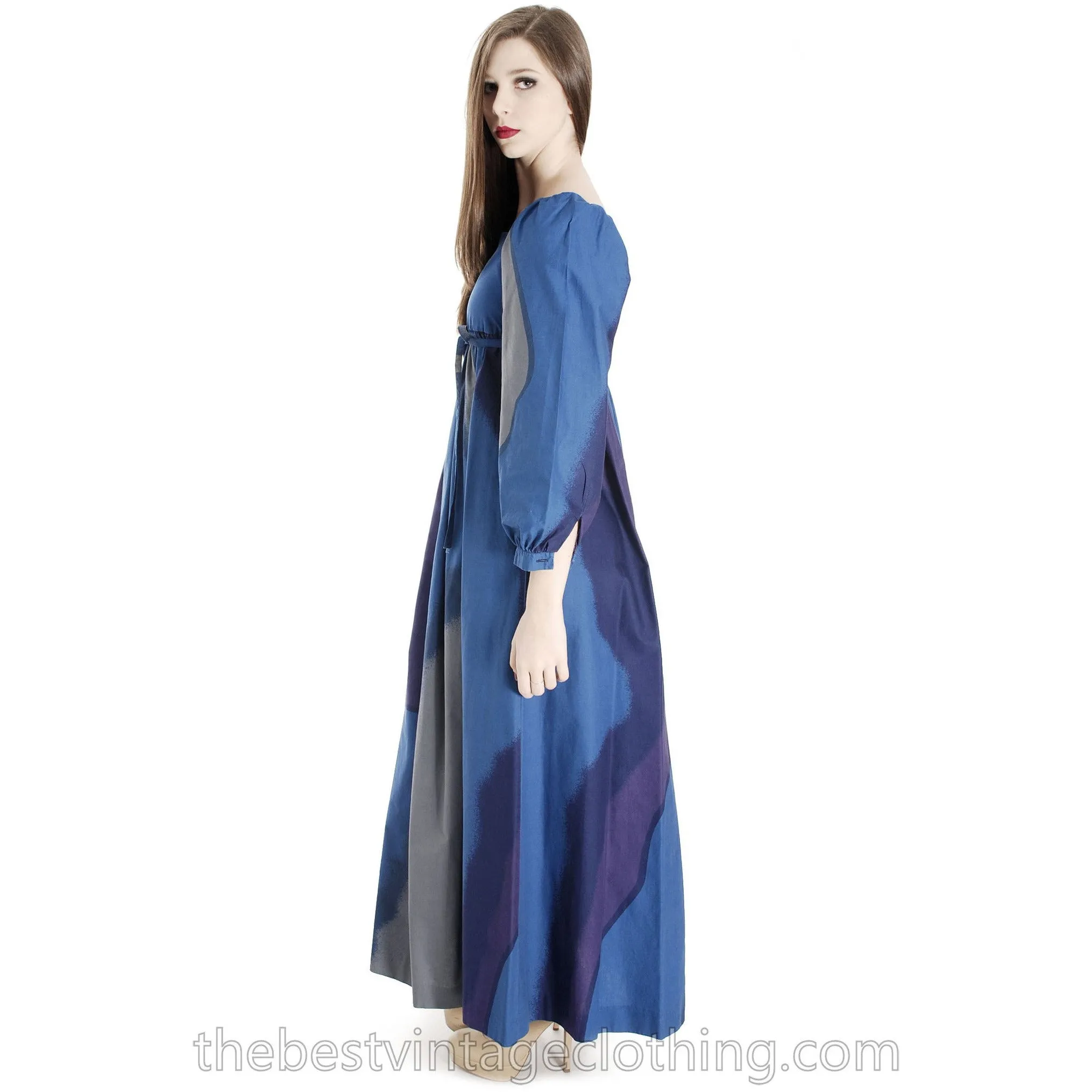 Vintage Marimekko Suomi Finland 1977 Printed Cotton Maxi Dress Blue Pattern  XS