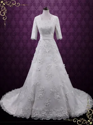 Vintage Modest Lace A-line Wedding Dress with Sleeves AGNES