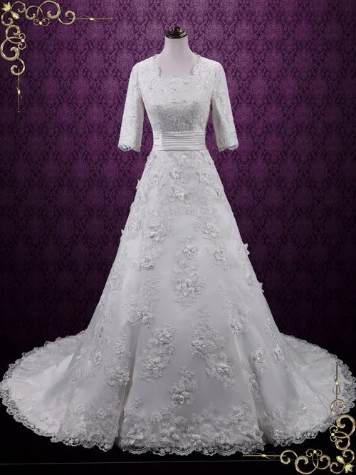 Vintage Modest Lace A-line Wedding Dress with Sleeves AGNES