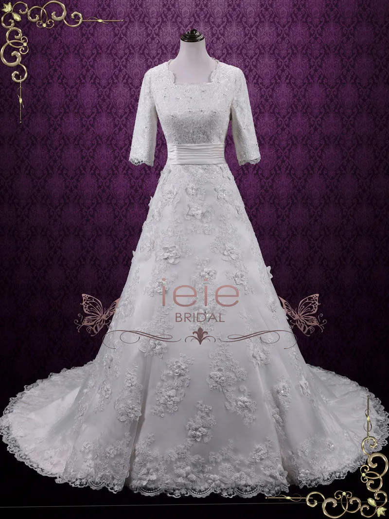 Vintage Modest Lace A-line Wedding Dress with Sleeves AGNES