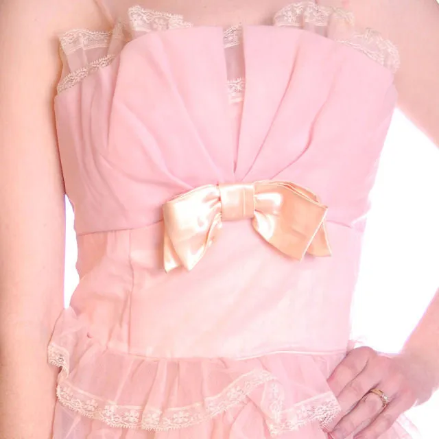 Vintage Pink Party Dress Chiffon Ruffles Skirt 1950s 32-25-Free