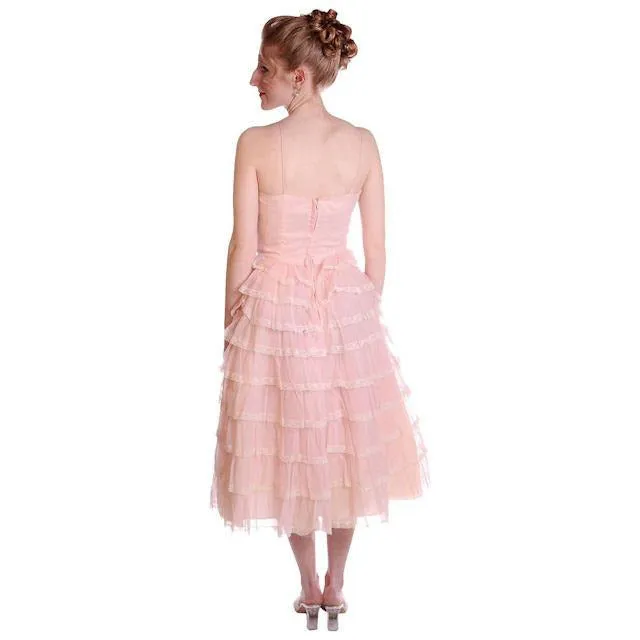 Vintage Pink Party Dress Chiffon Ruffles Skirt 1950s 32-25-Free