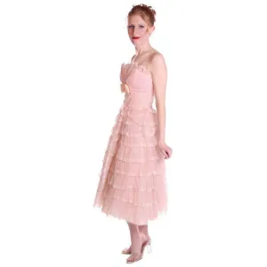 Vintage Pink Party Dress Chiffon Ruffles Skirt 1950s 32-25-Free