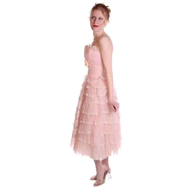 Vintage Pink Party Dress Chiffon Ruffles Skirt 1950s 32-25-Free