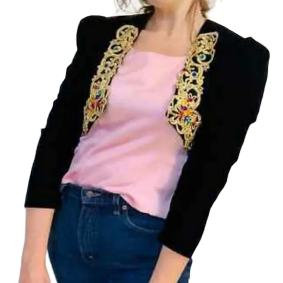 Vintage Scott McClintock Cropped Velvet Bejeweled Gold Trimmed Bolero Jacket