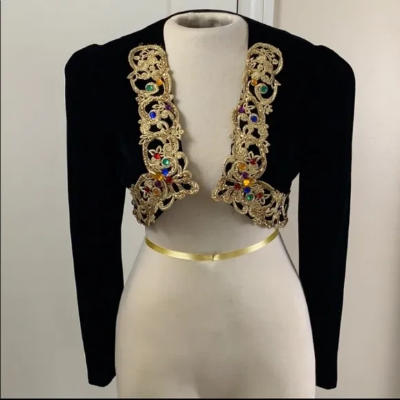 Vintage Scott McClintock Cropped Velvet Bejeweled Gold Trimmed Bolero Jacket