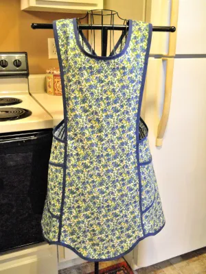 Vintage Style Crossover No Tie Apron in Blue and Yellow Floral size Med and 3XL