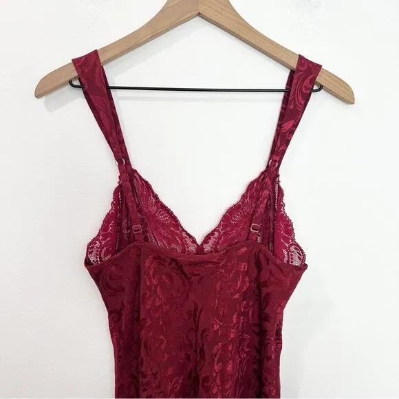 Vintage Victoria’s Secret Red Satin Lace Burnout Floral Slit Slip Maxi Dress M