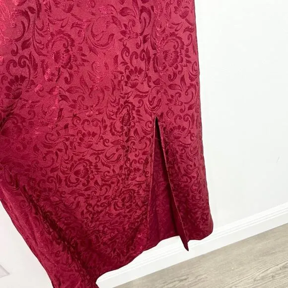 Vintage Victoria’s Secret Red Satin Lace Burnout Floral Slit Slip Maxi Dress M