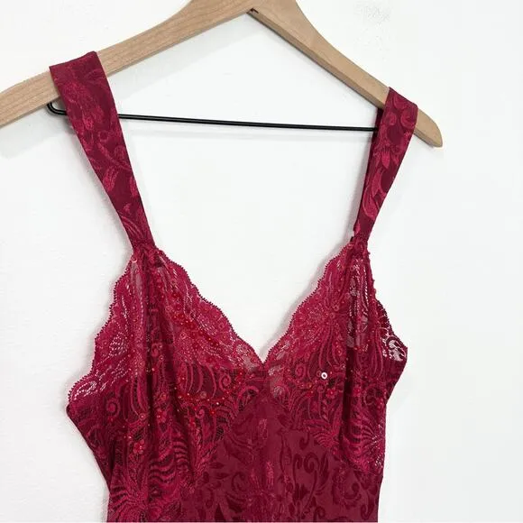 Vintage Victoria’s Secret Red Satin Lace Burnout Floral Slit Slip Maxi Dress M