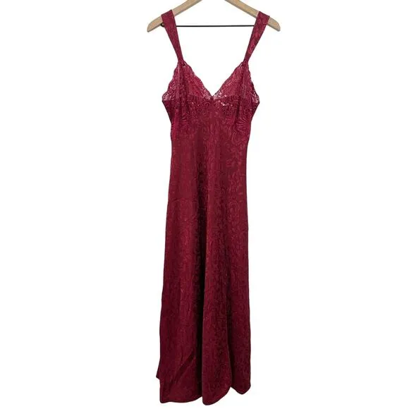 Vintage Victoria’s Secret Red Satin Lace Burnout Floral Slit Slip Maxi Dress M