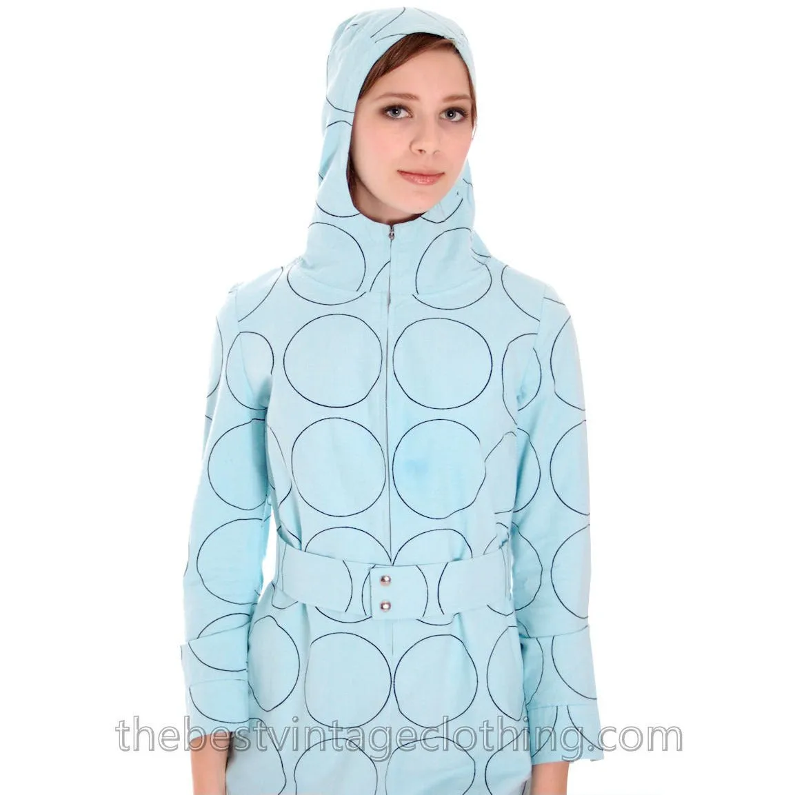 Vintage Vuokko Blue Circles Designer Gown Funnel Neck Hoodie 1960s 38/8