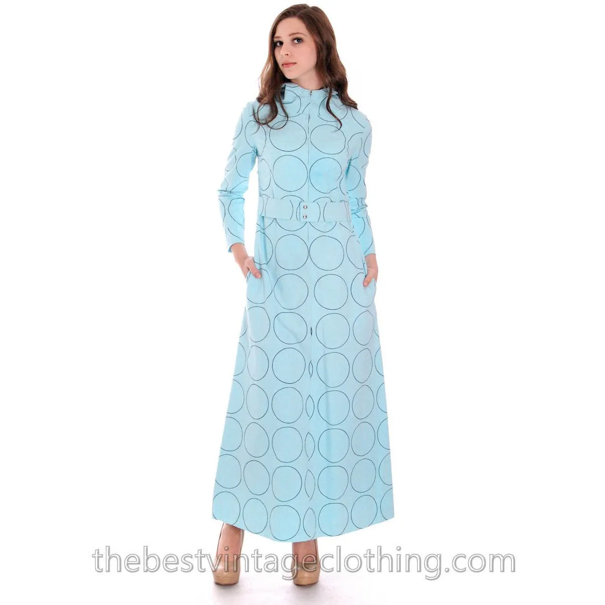 Vintage Vuokko Blue Circles Designer Gown Funnel Neck Hoodie 1960s 38/8
