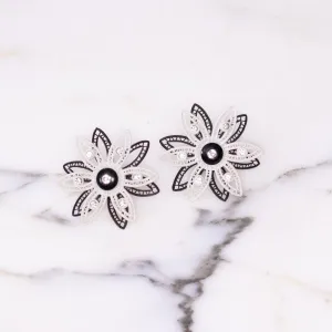 Vintage West Germany Black and White Lucite Lace Flower Earrings with Rhinestones