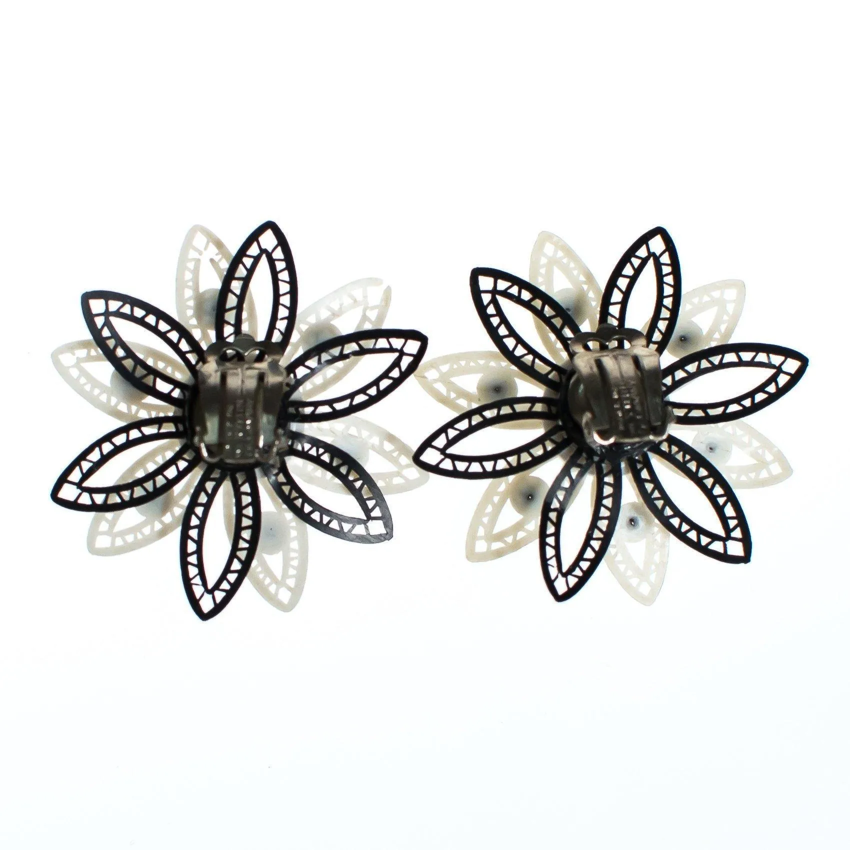 Vintage West Germany Black and White Lucite Lace Flower Earrings with Rhinestones