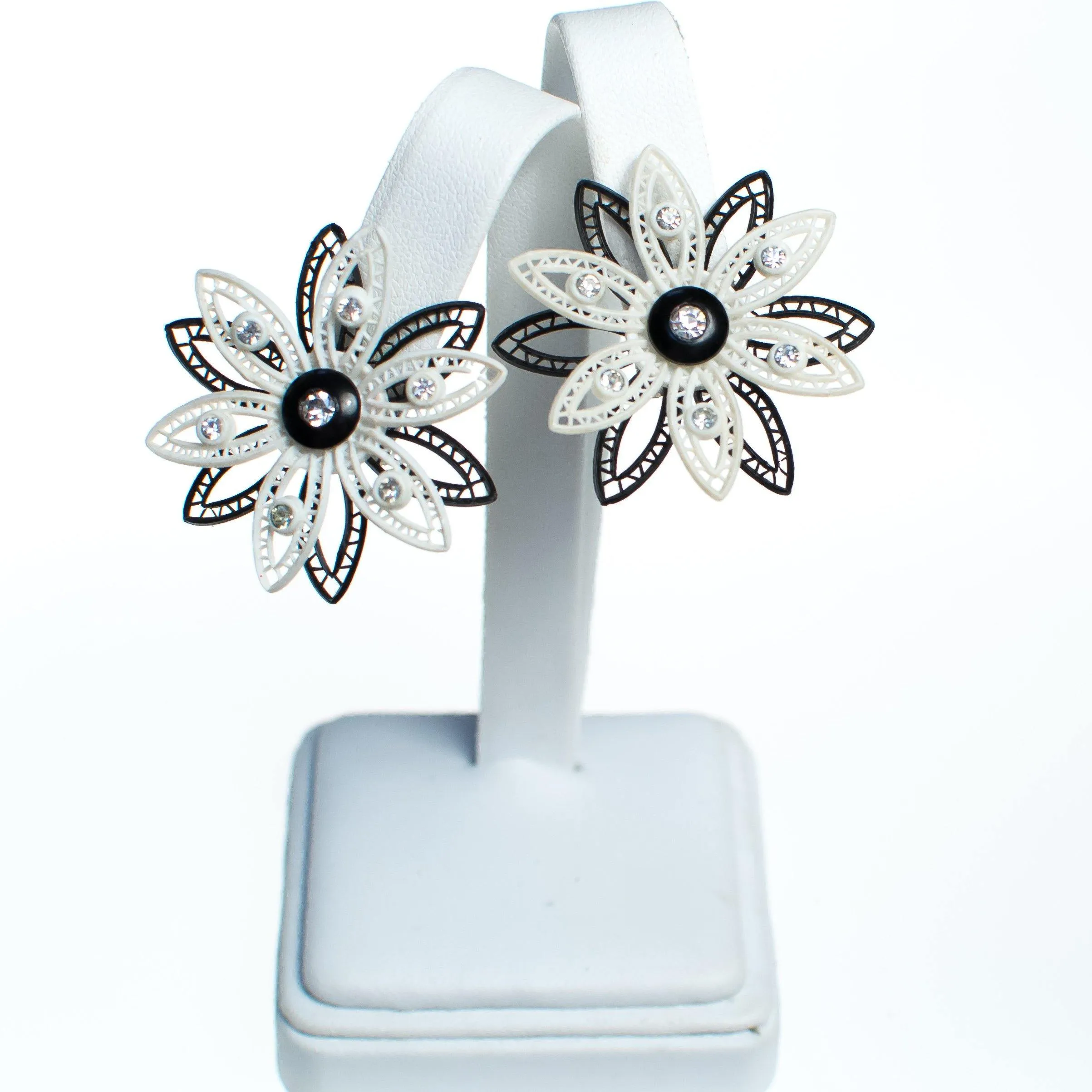 Vintage West Germany Black and White Lucite Lace Flower Earrings with Rhinestones