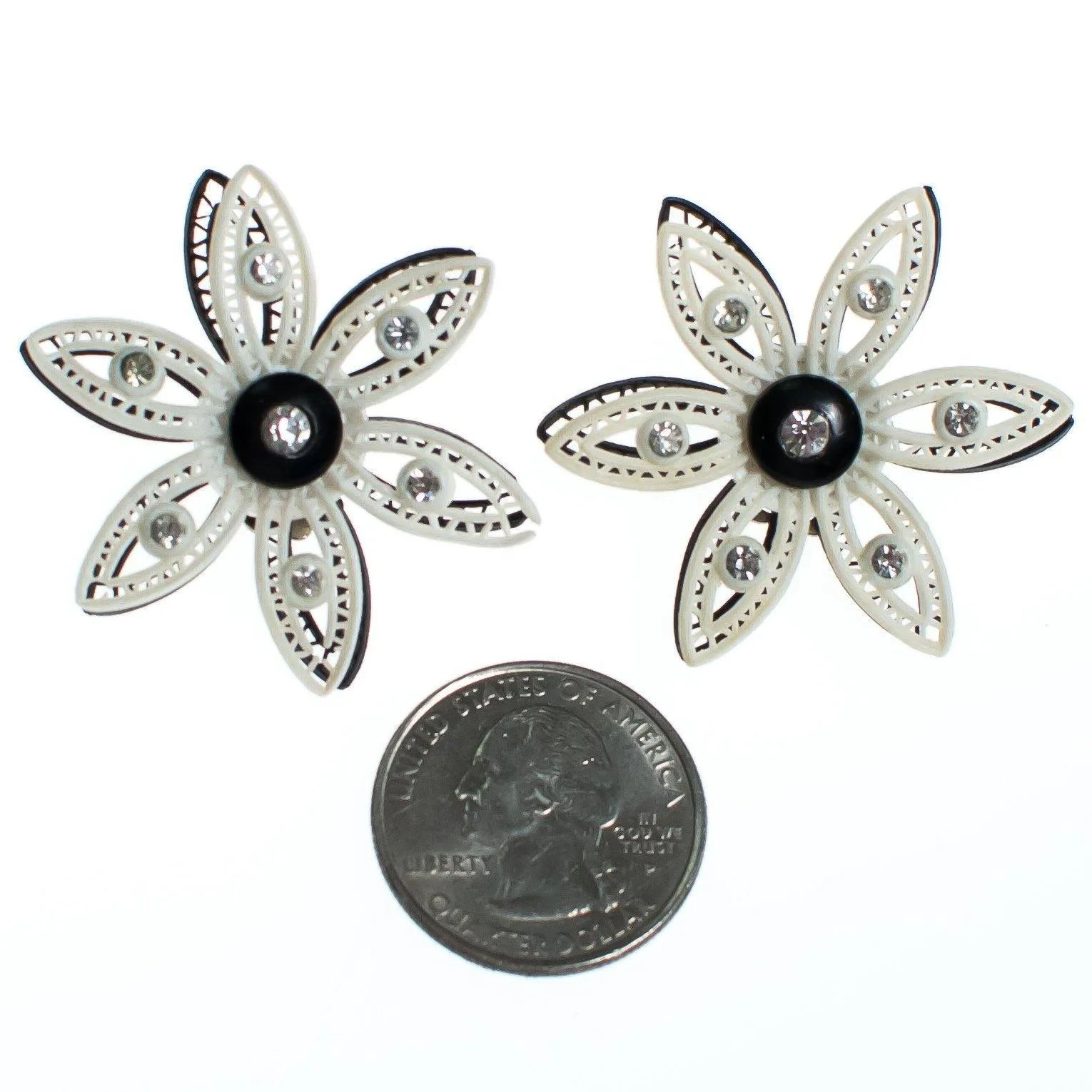 Vintage West Germany Black and White Lucite Lace Flower Earrings with Rhinestones