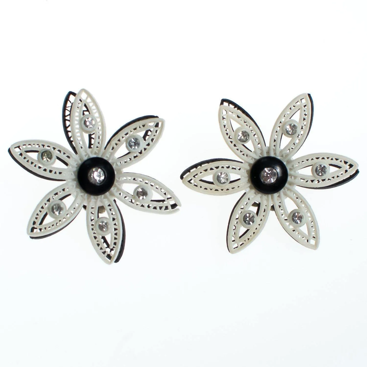 Vintage West Germany Black and White Lucite Lace Flower Earrings with Rhinestones