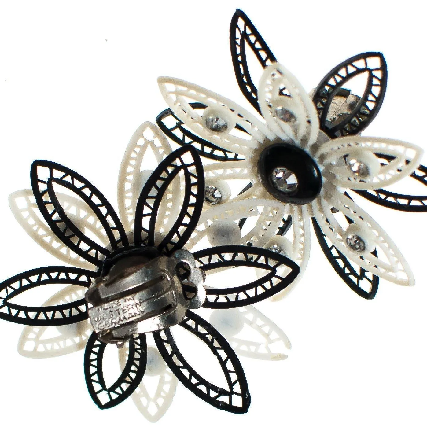 Vintage West Germany Black and White Lucite Lace Flower Earrings with Rhinestones
