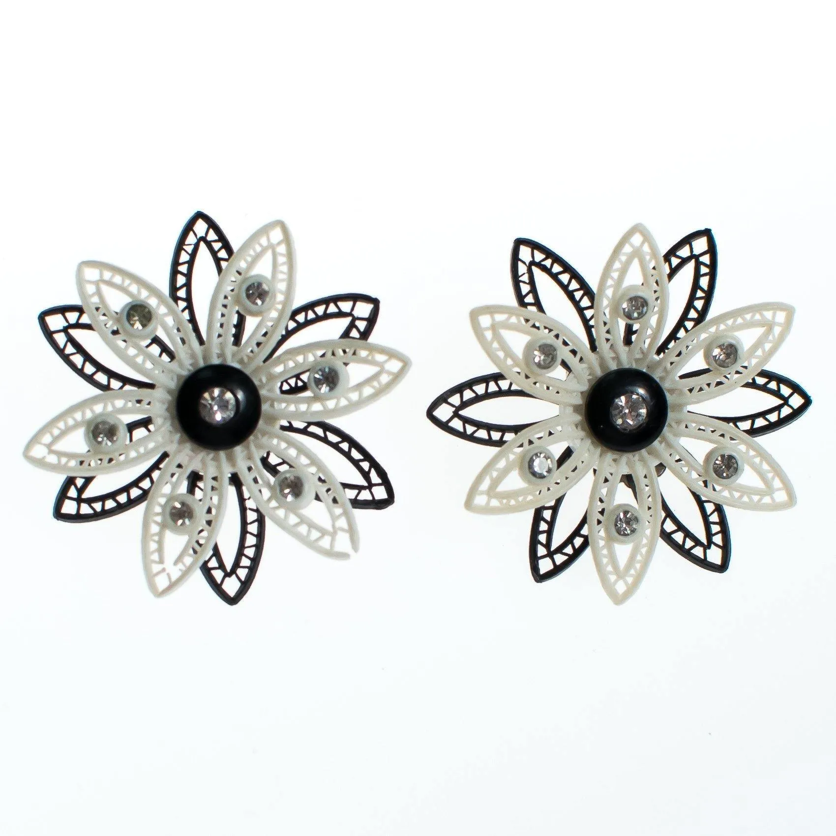 Vintage West Germany Black and White Lucite Lace Flower Earrings with Rhinestones