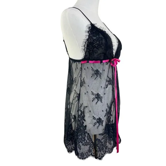 Vintage Y2K Frederick’s of Hollywood Witchy Black Lace Babydoll Lingerie Size L