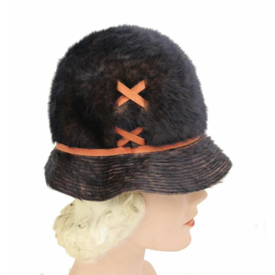 VTG 1960's Miss Carnegie / Hattie Carnegie MOD Bucket Hat Brown Fur Rust S/M