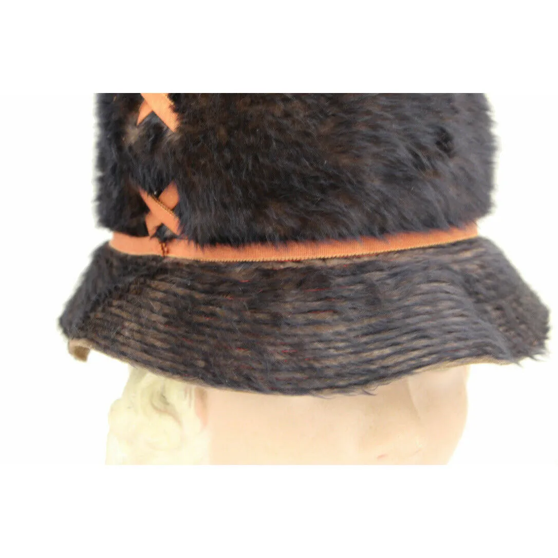 VTG 1960's Miss Carnegie / Hattie Carnegie MOD Bucket Hat Brown Fur Rust S/M