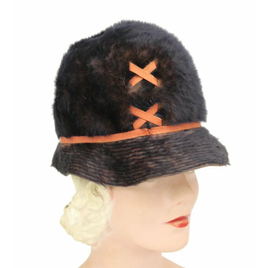 VTG 1960's Miss Carnegie / Hattie Carnegie MOD Bucket Hat Brown Fur Rust S/M
