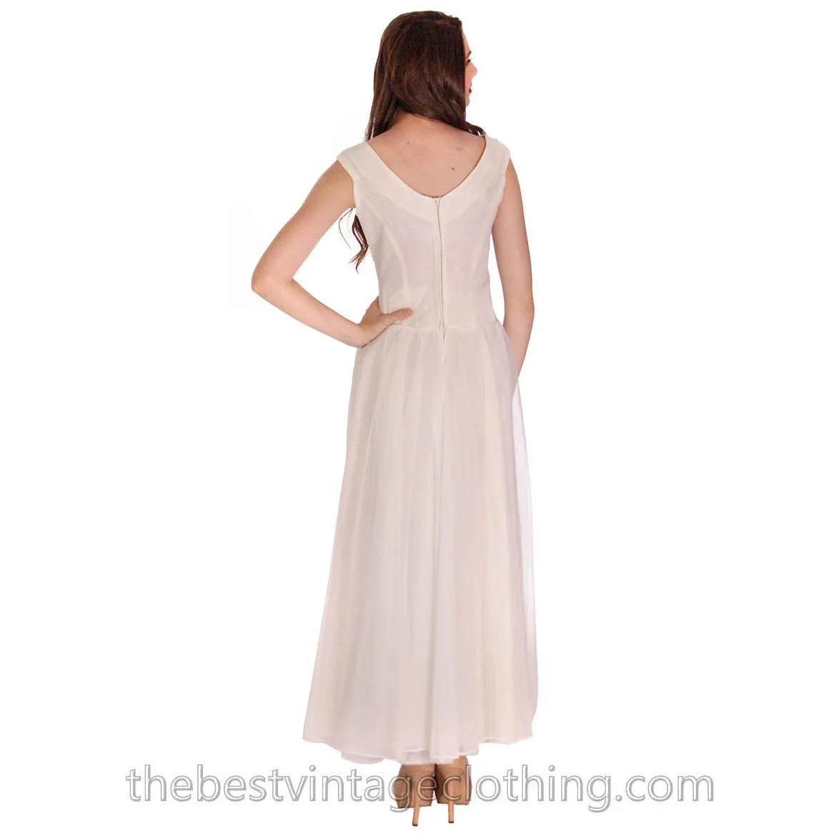 VTG1950s S Nylon Chiffon Dress Long Gown Sheer White Evening Party Wedding Rhinestones
